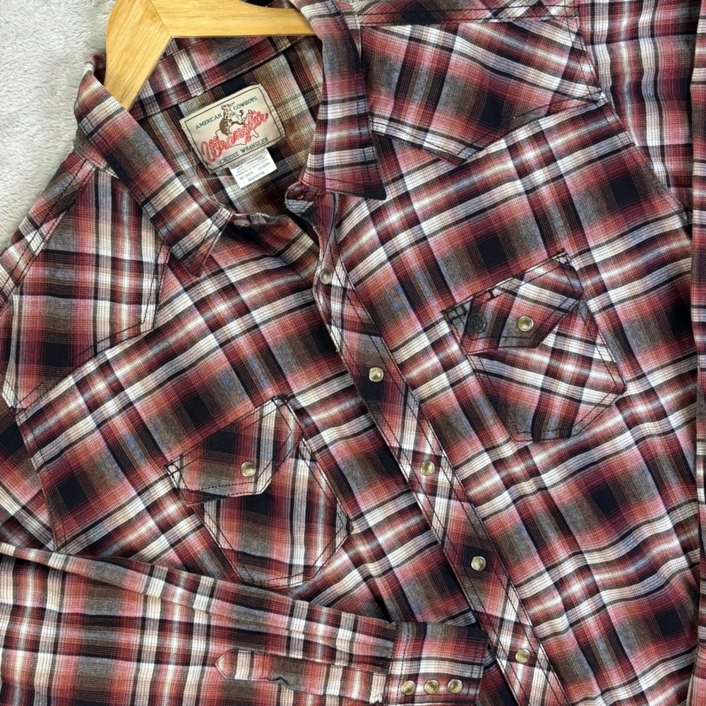 Wrangler‎ Men's Western Plaid Pearl Snap Shirt Brown Red Cotton LS Sz XXL Cowboy